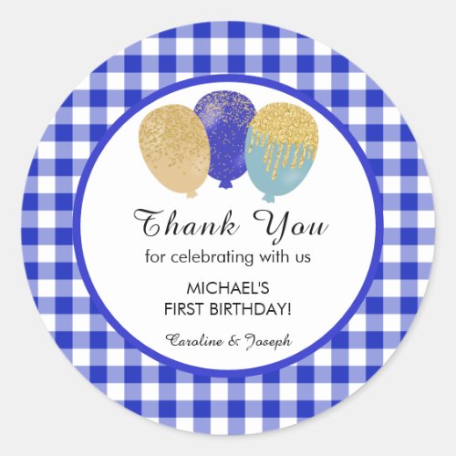 Blue Gingham 1st Birthday Glitter Balloons Favor Classic Round Sticker