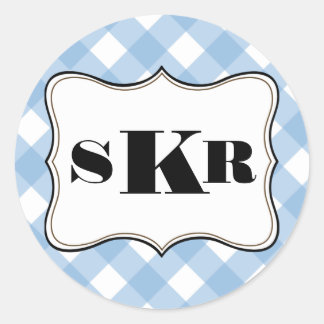 Blue gingham 3 monogram letter country style classic round sticker