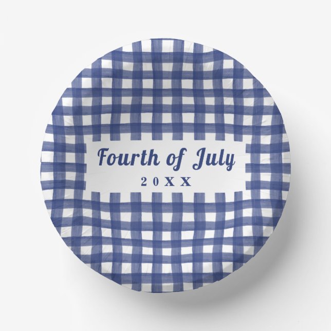 Blue Gingham 4th of July Red White and Blue Paper Bowls (Front)