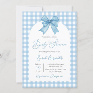Blue Gingham and Bow Baby Shower Boy Invitation