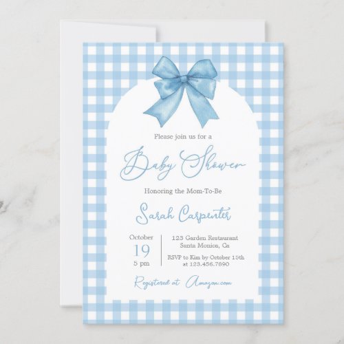 Blue Gingham and Bow Baby Shower Boy Invitation