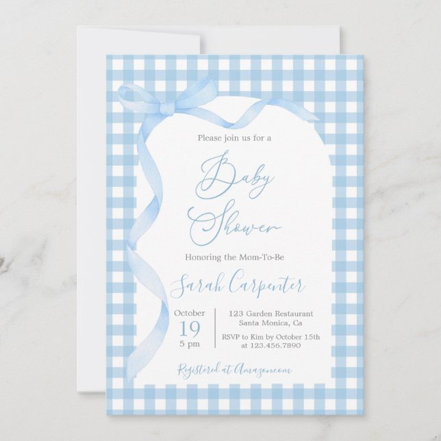 Blue Gingham and Bow Baby Shower Boy Invitation (Front)