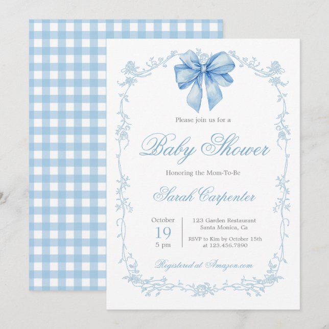 Blue Gingham and Bow Baby Shower Boy Invitation (Front/Back)