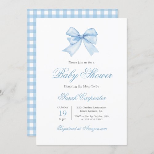 Blue Gingham and Bow Baby Shower Boy Invitation