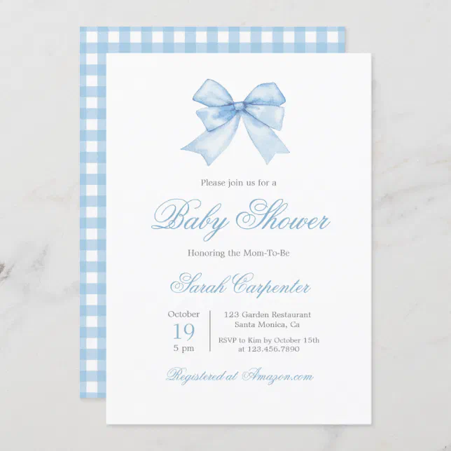 Blue Gingham and Bow Baby Shower Boy Invitation | Zazzle