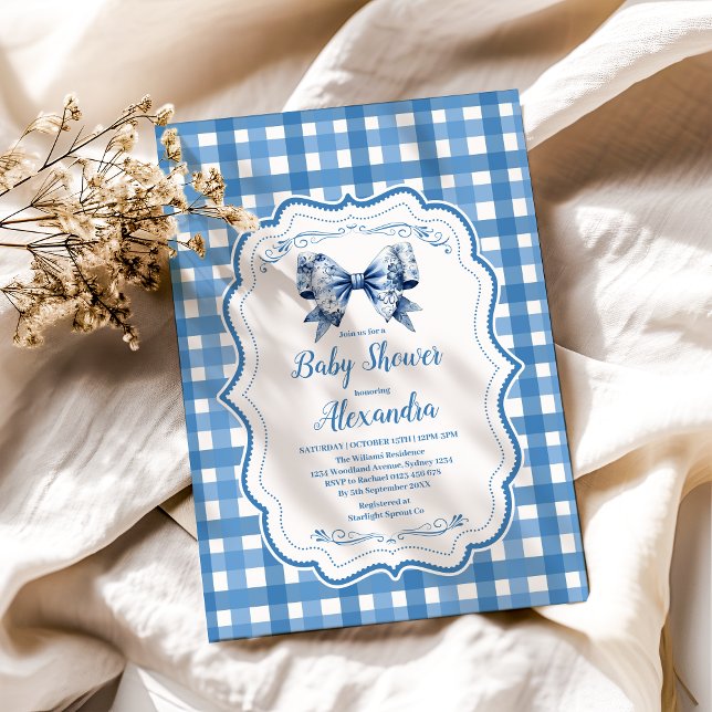 Blue Gingham and Bow  Invitation (Creator Uploaded)