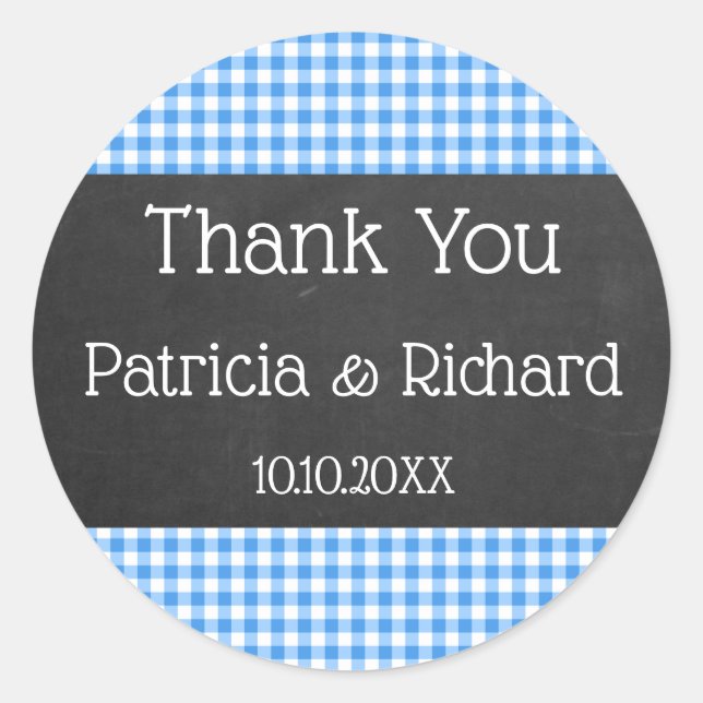 Blue Gingham And Chalkboard Wedding Thank You Classic Round Sticker (Front)