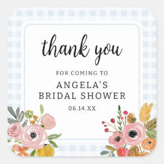 Blue Gingham and Flowers Bridal Shower Thank You Square Sticker