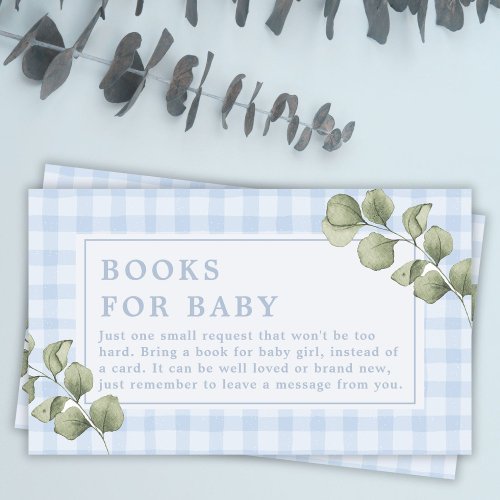 Blue Gingham and Greenery Books for Baby Shower Enclosure Card