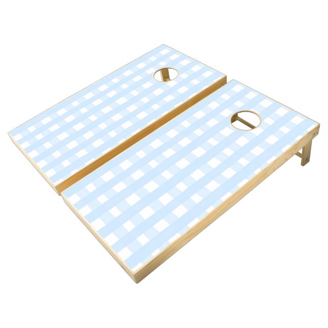 Blue Gingham and Natural Wood Cornhole Set (Angled)
