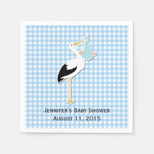 Blue Gingham and Stork Baby Shower Paper Napkins