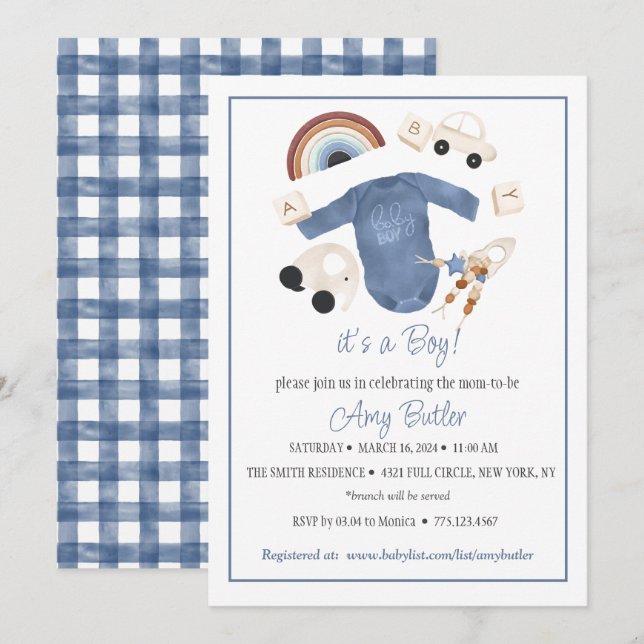 Blue Gingham and Toys Baby Boy Shower Invitation (Front/Back)