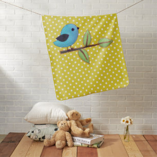 Blue Gingham Baby Bird Embroidery Leaves Yellow Blanket