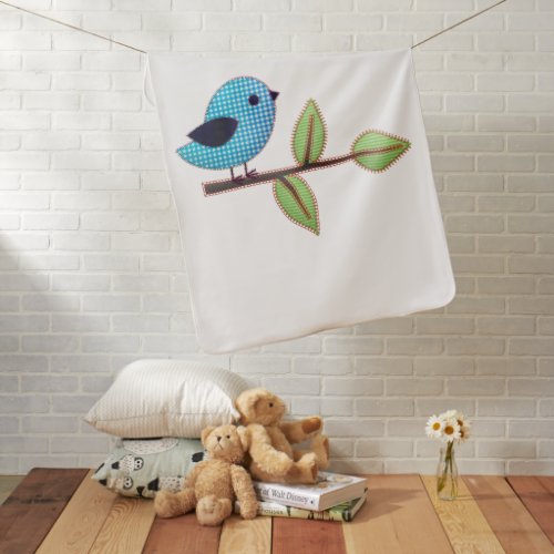 Blue Gingham Baby Bird with Embroidery Leaves Baby Blanket