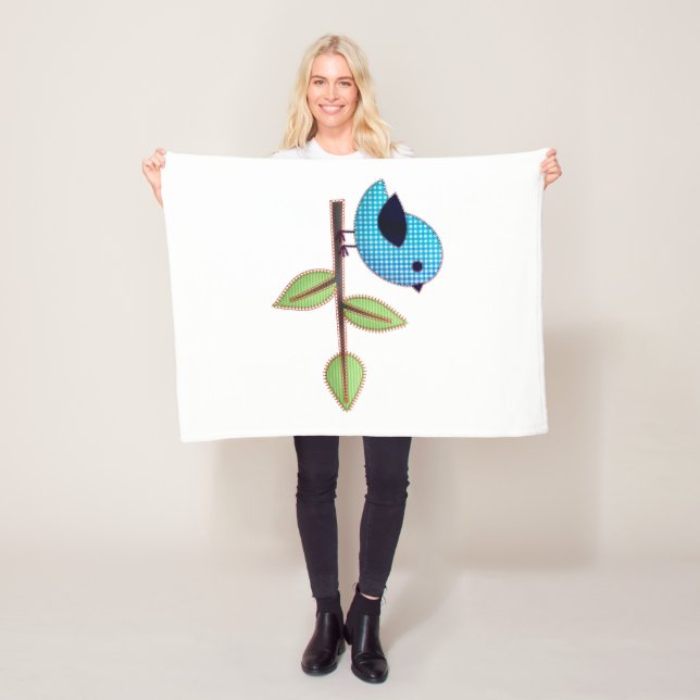 Blue Gingham Baby Bird with Embroidery Leaves Fleece Blanket (In Situ)