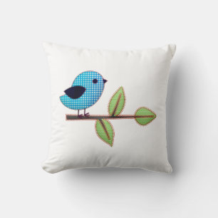 Blue Gingham Baby Bird with Embroidery Leaves Throw Pillow