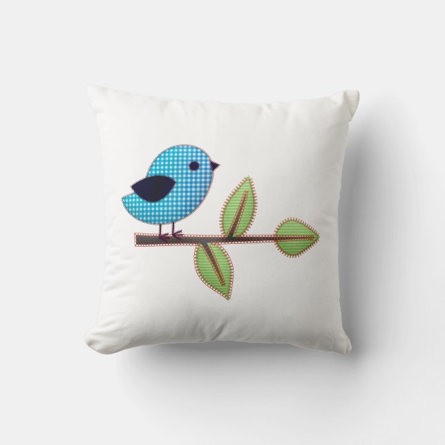 Blue Gingham Baby Bird with Embroidery Leaves Throw Pillow (Front)