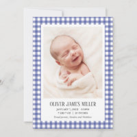 Blue Gingham Baby Birth Announcement Photo Card