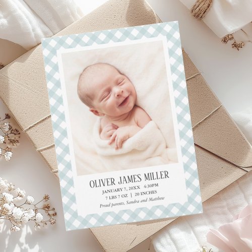 Blue Gingham Baby Birth Announcement Photo Card