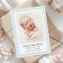 Blue Gingham Baby Birth Announcement Photo Card