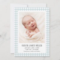 Blue Gingham Baby Birth Announcement Photo Card