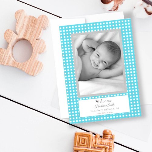 Blue Gingham Baby Boy Announcement Card