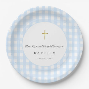 Blue Gingham Baby Boy Baptism Paper  Plates