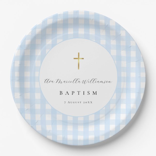 Blue Gingham Baby Boy Baptism Paper  Plates (Front)