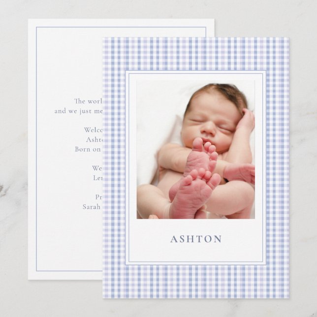 Blue Gingham Baby Boy Birth Announcement  Card (Front/Back)
