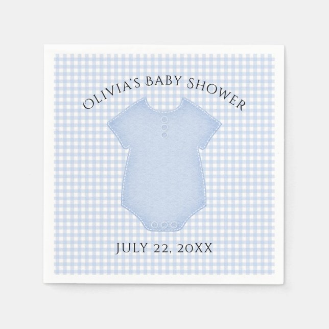 Blue Gingham Baby Boy Bodysuit Baby Shower Napkins (Front)