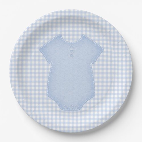 Blue Gingham Baby Boy Bodysuit Baby Shower Paper Plates