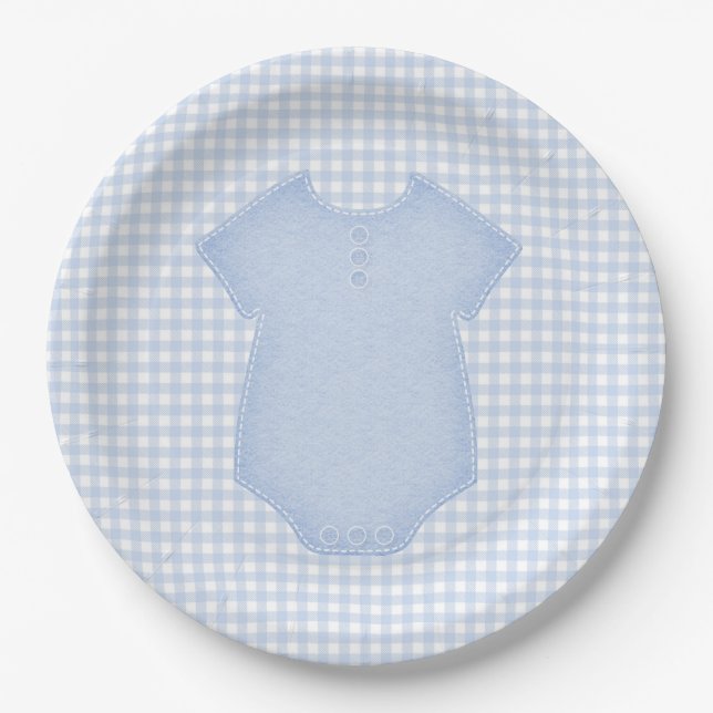 Blue Gingham Baby Boy Bodysuit Baby Shower Paper Plates (Front)