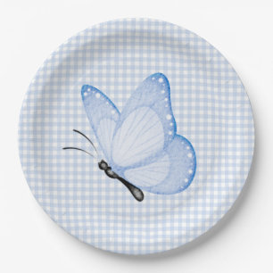 Blue Gingham Baby Boy Butterfly Baby Shower Paper Plates