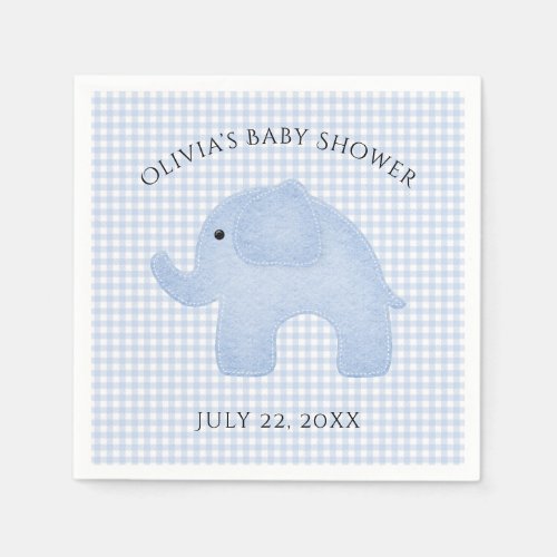 Blue Gingham Baby Boy Elephant Baby Shower Paper Napkins
