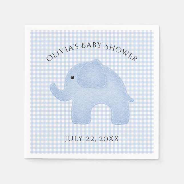 Blue Gingham Baby Boy Elephant Baby Shower Paper Napkins (Front)