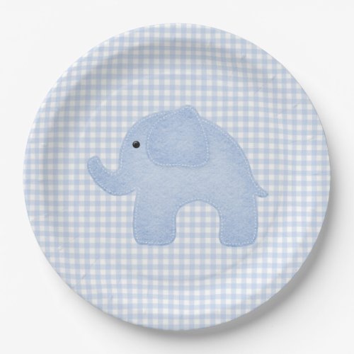 Blue Gingham Baby Boy Elephant Baby Shower Paper Plates