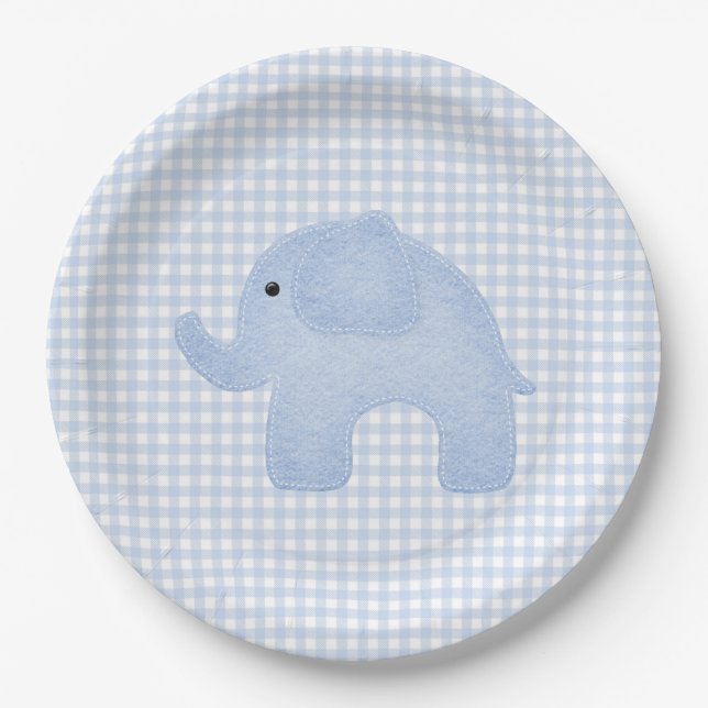 Blue Gingham Baby Boy Elephant Baby Shower Paper Plates (Front)