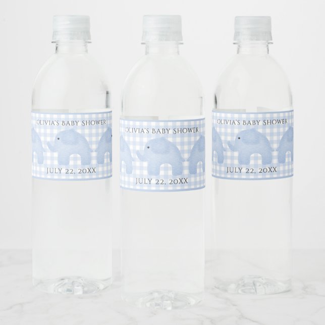 Blue Gingham Baby Boy Elephant Baby Shower Water Bottle Label (Bottles)