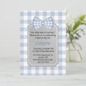 Blue Gingham Baby Boy First Birthday Invitation (Standing Front)
