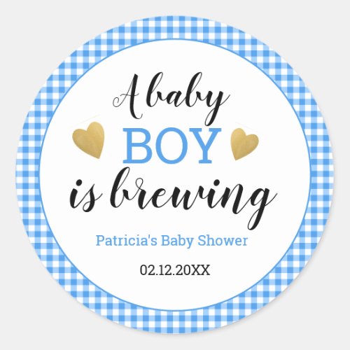  Blue Gingham Baby Boy Is Brewing Baby Shower Classic Round Sticker