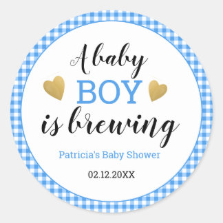  Blue Gingham Baby Boy Is Brewing Baby Shower Classic Round Sticker