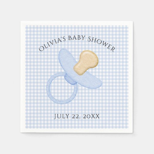 Blue Gingham Baby Boy Pacifier Baby Shower Napkins