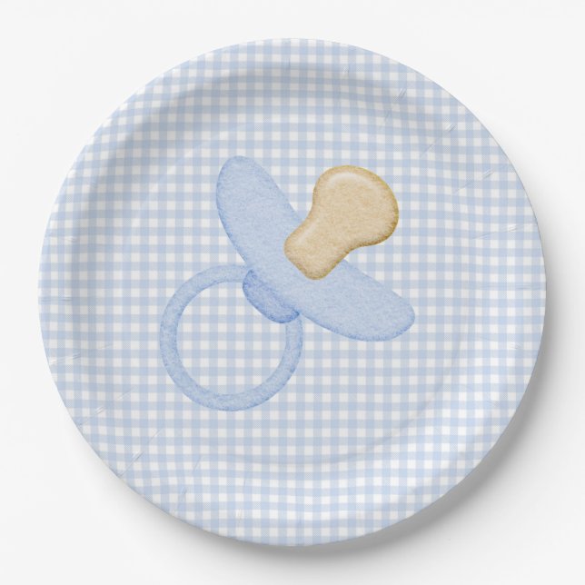 Blue Gingham Baby Boy Pacifier Baby Shower Paper Plates (Front)