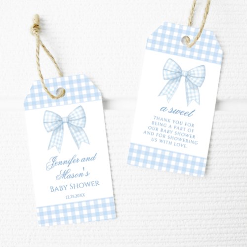 Blue gingham baby boy shower thank you favor tags