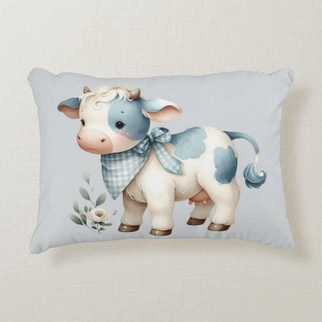 Blue Gingham Baby Cow Pastel Farm Aesthetic Accent Pillow (Front)