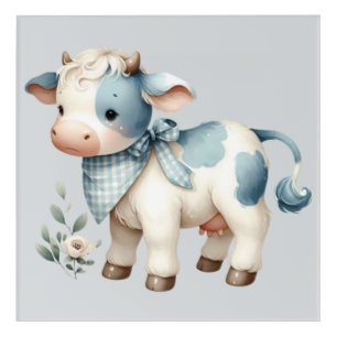 Blue Gingham Baby Cow Pastel Farm Aesthetic Acrylic Print