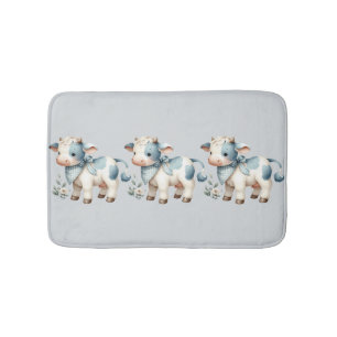 Blue Gingham Baby Cow Pastel Farm Aesthetic Bath Mat