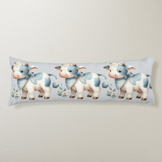 Blue Gingham Baby Cow Pastel Farm Aesthetic Body Pillow (Front)
