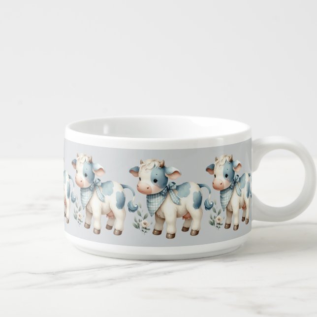 Blue Gingham Baby Cow Pastel Farm Aesthetic Bowl (Left)