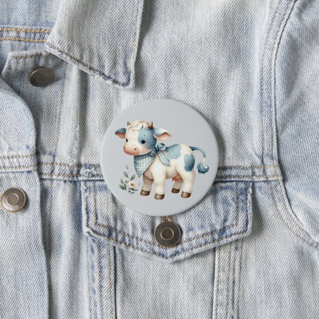 Blue Gingham Baby Cow Pastel Farm Aesthetic Button (In Situ)